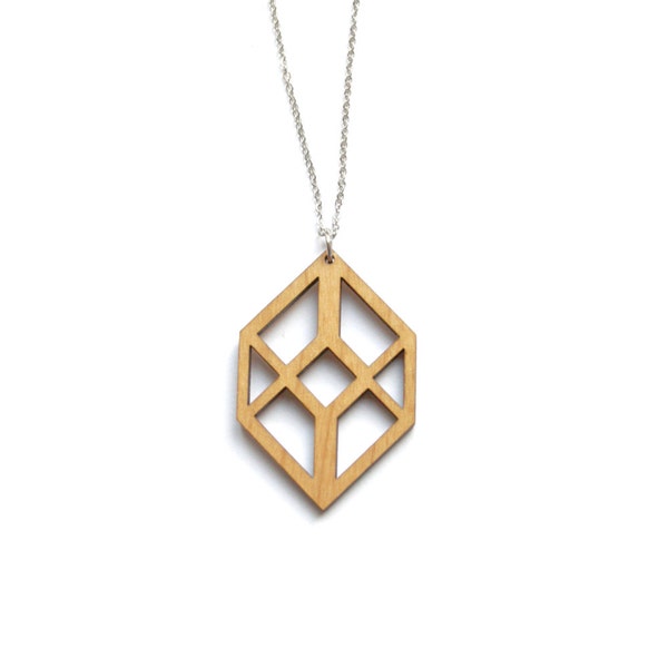 Collana con ciondolo in legno da donna, cubo effetto ottico, traforato, stile geometrico grafico, moderno minimalista chic, gioielli artigianali francesi