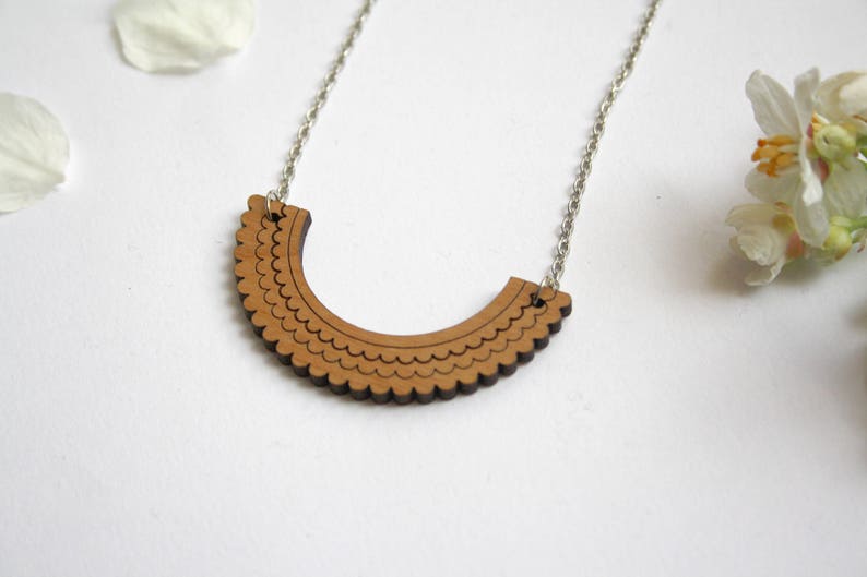 Wood necklace, Peter Pan collar inspiration, point lace pattern, Original gift, unique wooden necklace, geometric modern minimal jewelry image 5