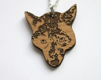 Wood necklace, wolf pendant collar, animal shape, man jewel, woman unisex jewelry, made in France Paris, forest, bohemian and natural style