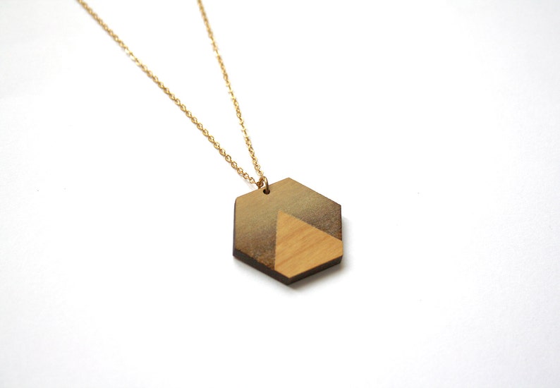 Wood long necklace, geometric jewel, sunset, landscape inspiration, minimalist, minimal collar, brass chain, wooden jewelry, made in France image 4