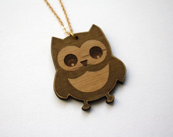 Owl necklace, animal long collar, bird wood jewelry, poetic lucky charm fairy graphic chic, brown, natural wood, jewel made in France Paris