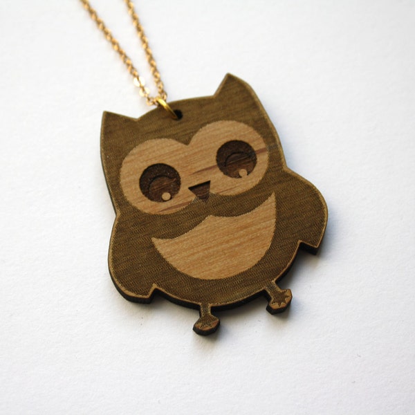 Sautoir hibou, collier bois, pendentif animal, bijou porte bonheur, style graphique, bijoux bohème chic, marron, idée cadeau artisanal femme