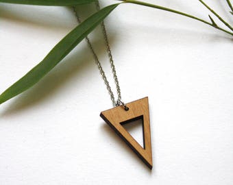 Wooden nacklace with Triangle pendant, geometric minimal design, long silver color chain