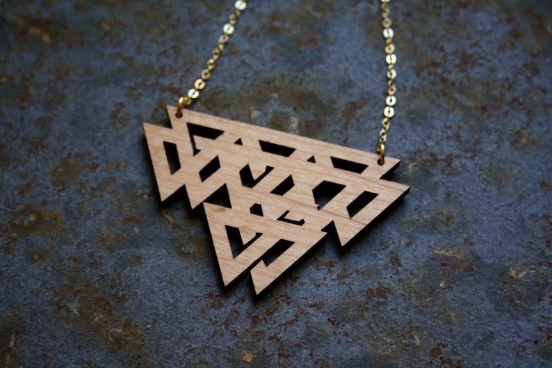 Celtic necklace, wooden geometric jewel, modern minimal, graphic jewelry long chain gold color, perfect present gift woman, made in France image 5
