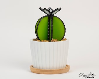 MEDIUM Stained Glass Cactus Plant Stake: Polka Dot Flower Decor