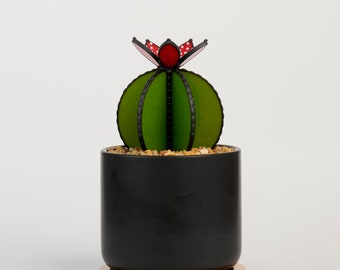 LARGE Stained Glass Cactus Plant Stake: Red Flower Succulent Decor