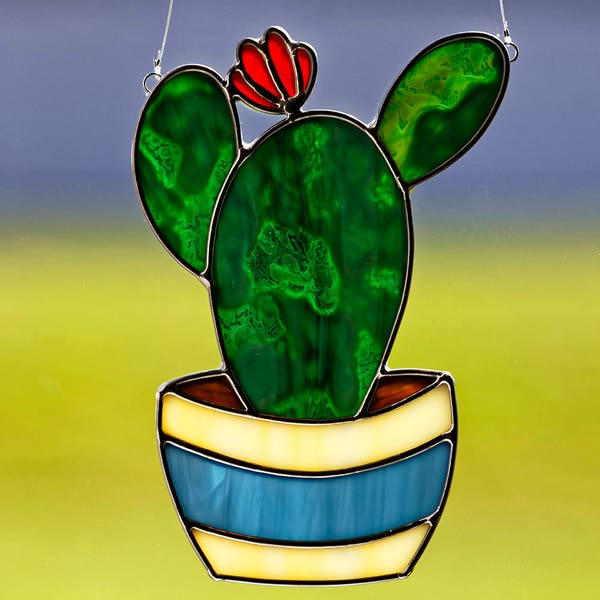 Stained glass cactus in pot suncatcher, stain glass cactus ornament, glass cactus, cactus flower, potted cactus and flower, desert