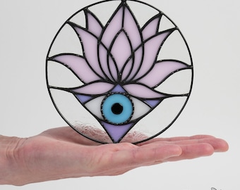 Evil Eye Suncatcher Window Art Meditation Room Spiritual Gift Handmade Glass Protection Charm Lotus Flower Symbol Hanging Bohemian Wall Zen