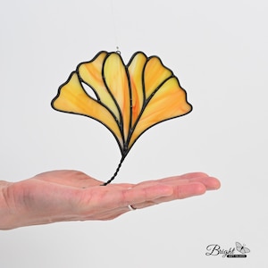 Stained Glass Orange Ginkgo Biloba Leaf Suncatcher Window or Wall Home Decor Fall Decoration Autumn Decorating Unique Friend Gift Idea