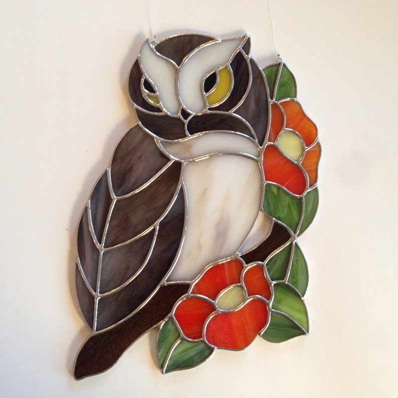 Stained Glass Owl With Flower Branch Suncatcher Etsy