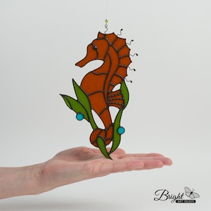 Brown seahorse suncatcher, stained glass ocean life decor, beach house warming gift, beachy, seahorse art, handmade window hanging