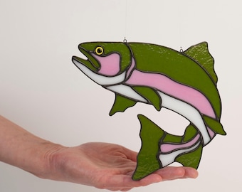 Stained Glass Fish Suncatcher Window Hanging Art Fisherman Gift Father Birthday Present Angler Home Decoration Rainbow Trout Handmade Copper