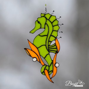 Green seahorse suncatcher, stained glass ocean life decor, beach house warming gift, beachy, seahorse art