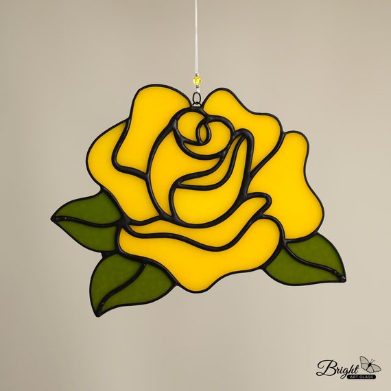 Stained Glass Yellow Rose Suncatcher Flower Home Decor Etsy