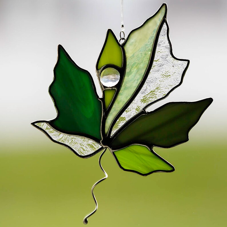 Stained glass green maple leaf suncatcher stain glass multi Etsy