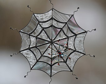 Stained glass spider web suncatcher, stain glass spider ornament, Halloween decoration, bead spider, glass spider web, spider web decoration