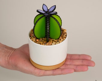 MEDIUM Stained Glass Cactus Plant Stake: Green Succulent with Purple Flower