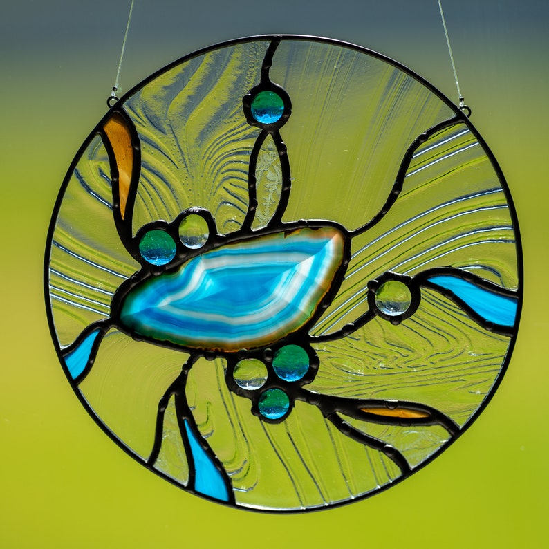 blue agate stone art geode ornament agate glass blue rock turquoise blue geode stain glass suncatcher Stained glass abstract suncatcher