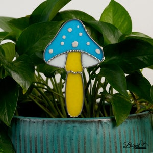 Stained Glass Mushroom Plant Stake: Blue & Yellow Room Decor