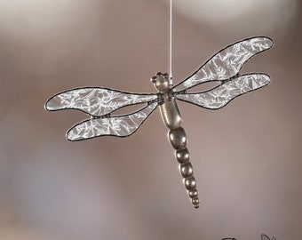 Stained glass clear wing dragonfly suncatcher, handmade dragonfly decor, window art