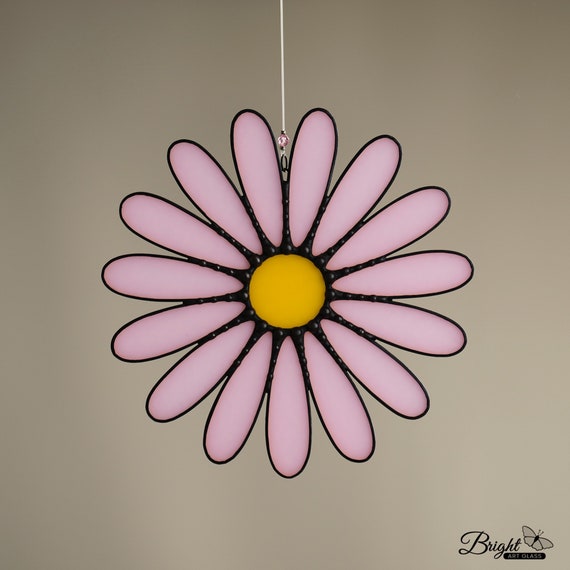 Stained Glass Light Pink Daisy Suncatcher, Stain Glass Daisy