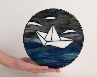 Stained Glass Suncatcher Paper Boat Origami Design Stain Glass Nautical Window Ocean Theme Art Sailboat Wall Hanging Maritime Home Accent