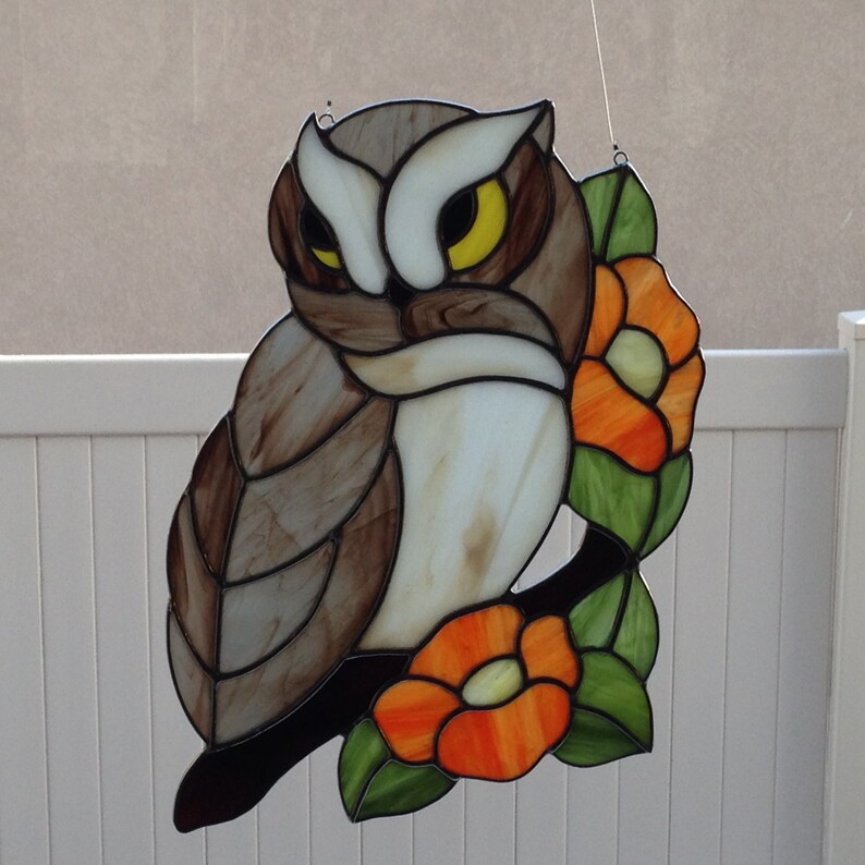 Stained Glass Owl With Flower Branch Suncatcher Etsy