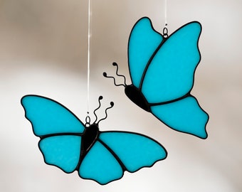 Stained Glass Blue Butterfly Suncatchers: Handmade Window Decor
