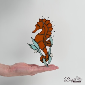 Brown seahorse suncatcher, stained glass ocean life decor, beach house warming gift, beachy, seahorse art, handmade window or wall hanging