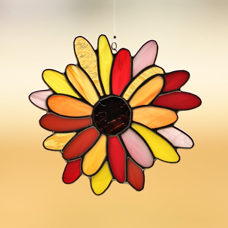 Suncatcher Reds//Purples Stained Glass Flower Daisy Handmade NEW