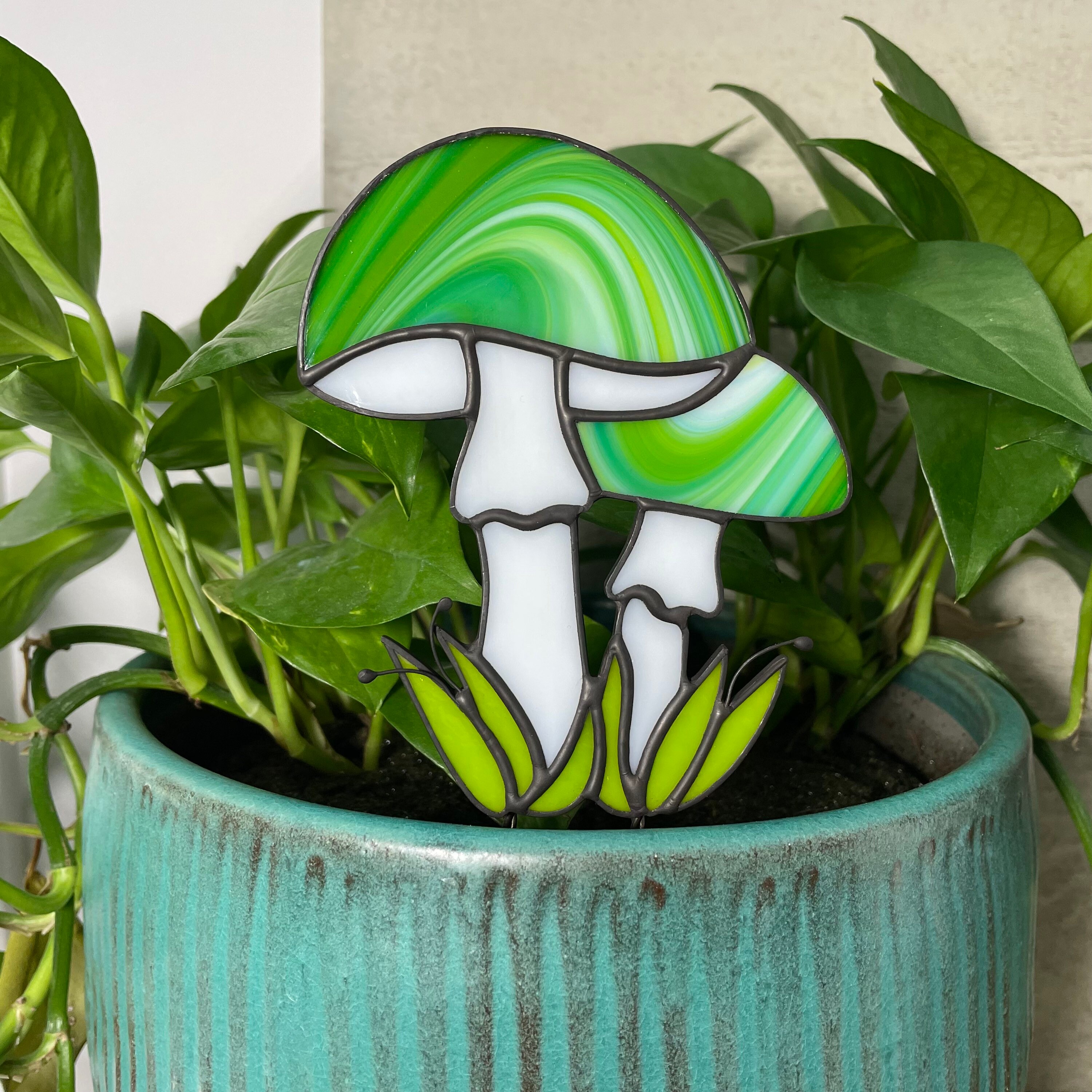 Stained Glass Mushroom Plant Stake Flower Pot Stick Green Etsy Australia