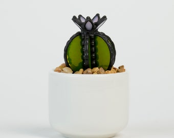 MINI Stained Glass Cactus Plant Stake with Pink Flower