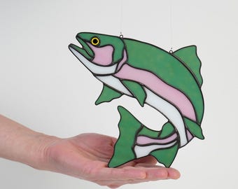 Stained Glass Fish Suncatcher Window Hanging Art Fisherman Gift Father Birthday Present Angler Home Decoration Rainbow Trout Handmade Copper