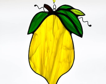 Stained Glass Lemon Suncatcher Yellow Fruit Ornament Kitchen Hanging Window Art Citrus Wall Home Gift Housewarming Idea Handmade Piece