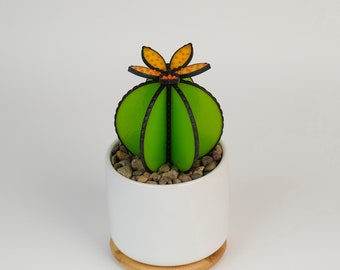 LARGE Stained Glass Cactus Plant Stake: Yellow Flower Decor