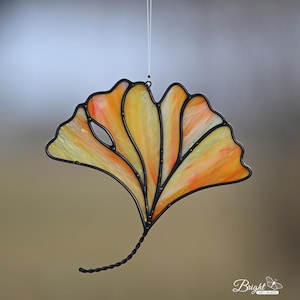 Stained Glass Orange Ginkgo Biloba Leaf Suncatcher Window or Wall Home Decor Fall Decoration Autumn Decorating Unique Friend Gift Idea