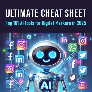 May include: A blue robot with a smiling face and the word "AI" on its chest stands on a circuit board background. The robot is surrounded by social media icons, including Facebook, Instagram, Twitter, LinkedIn, and WhatsApp.