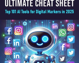 May include: A blue robot with a smiling face and the word "AI" on its chest stands on a circuit board background. The robot is surrounded by social media icons, including Facebook, Instagram, Twitter, LinkedIn, and WhatsApp.