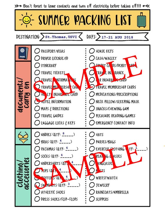 Summer Packing List for Women (Editble PDFs)