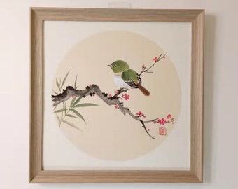 Chinese Original Painting Bird and Plum Blossom / Hand Painted Asian Art Wall Hanging / Chinese Calligraphy / Framed 16 Inches