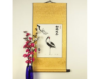 Customized Chinese Crane and Pine Tree / Calligraphy Scroll Painting / Chinese Birthday Longevity Gift / Hand Painted and Made For You