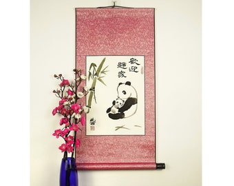 Mom and Baby Panda Calligraphy Art / Chinese Adoption Gift / Baby Nursery Wall Art / Custom and Hand Painted / Silk Scroll Hanging