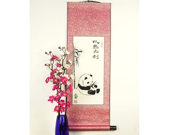 Chinese Panda Bear Wall Art / Custom Calligraphy Name Scroll / Personalized Chinese Gift for Boys and Girls / Asian Silk Wall Hanging
