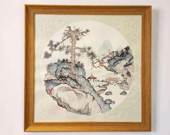 Chinese Landscape Original Painting / Hand Painted Sumi-E Chinese Watercolor / Chinese Scenery / Framed 16 Inches
