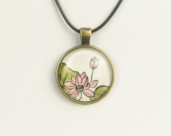 Chinese Lotus Hand Painted Necklace / Asian Lotus Flower Watercolor Pendant / Chinese Natural Painting Jewelry Custom Made