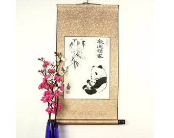 China Adoption Gift / Panda Bear Cub / Customized Calligraphy Scroll / Baby Nursery Wall Art Decoration / Hand Painted Silk Scroll