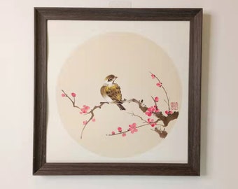Chinese Original Painting Of Sparrow and Plum Blossoms / Hand Painted Asian Art Wall Hanging / Chinese Calligraphy / Framed 16 Inches