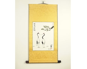Asian Sumi-e Painting / Love and Harmony Cranes Couple Gift / Chinese Calligraphy Ink Painting / Oriental Hanging Wall Scroll