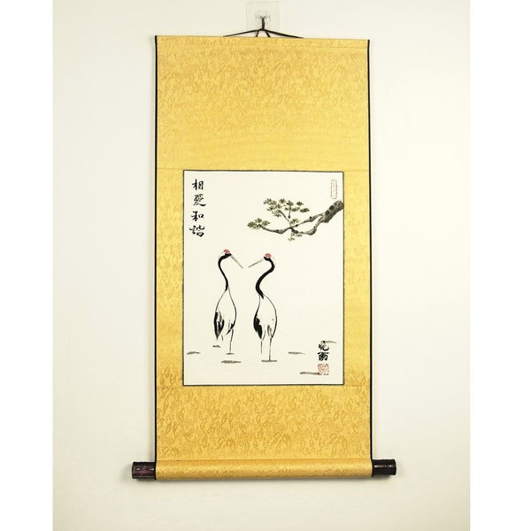 Asian Sumi-e Painting / Love and Harmony Cranes Couple Gift / Chinese Calligraphy Ink Painting / Oriental Hanging Wall Scroll