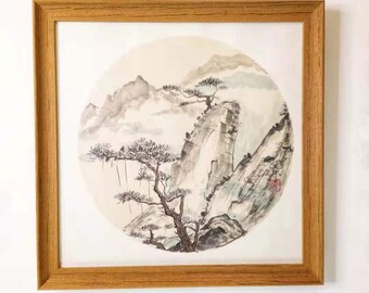 Chinese Landscape Original Painting  / Trees and Mountainside / Chinese Scenery Wall Hanging / Framed 16 Inches